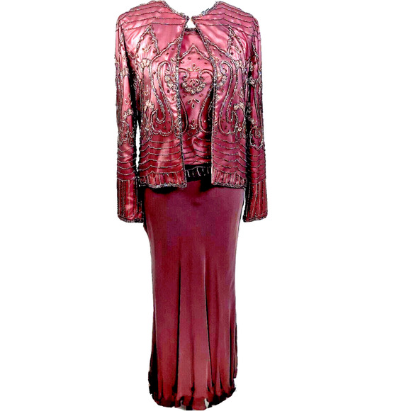 Adrianna Papell Beaded Silk Maxi 3pc Skirt Suit Size 6 Burgundy Whimsigoth Event - Picture 1 of 16